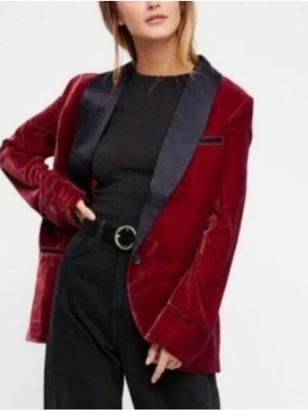 Free People Red Velvet Blazer with Black Satin Lapel